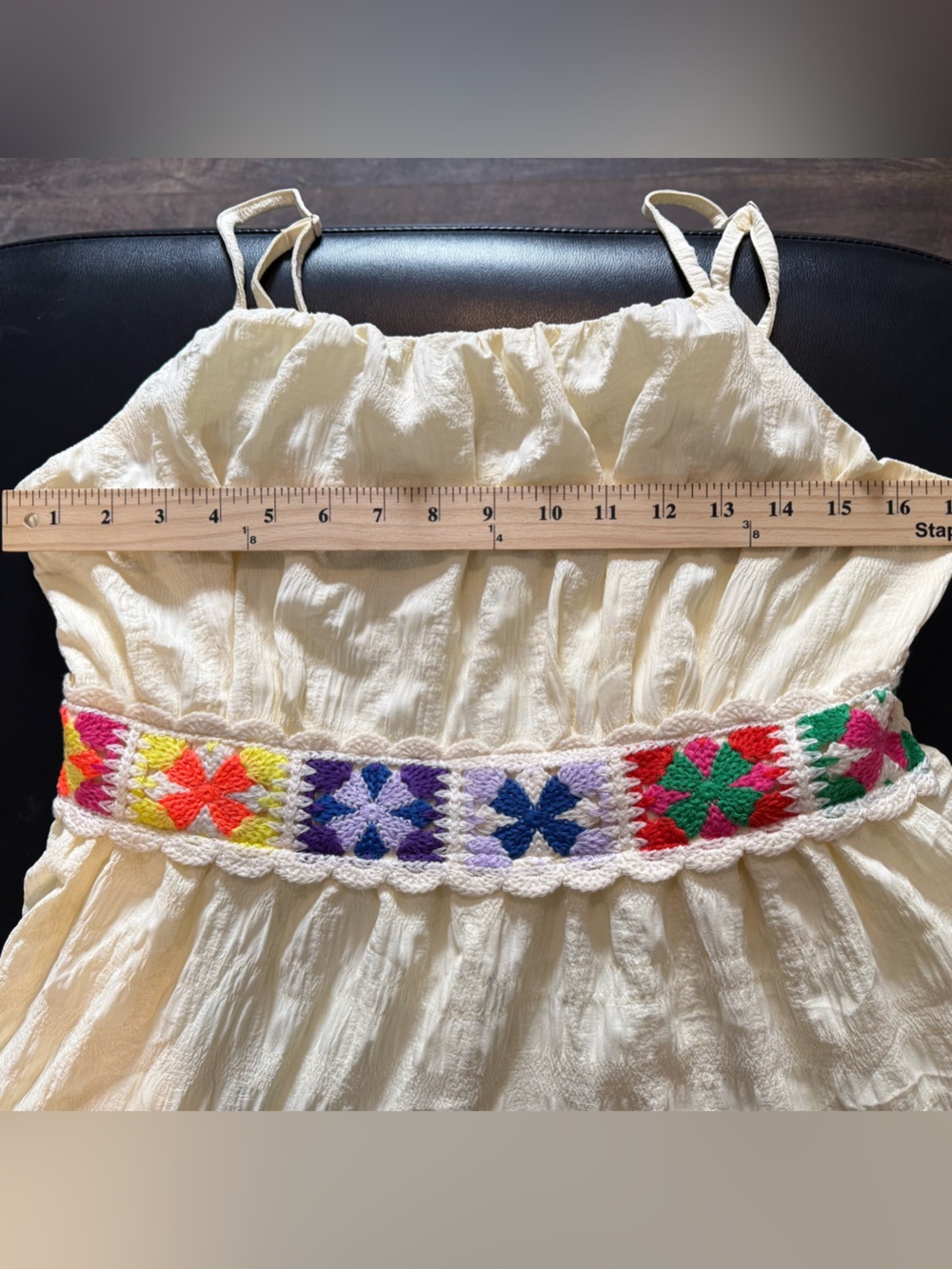 Boho Buttercream Textured Sun Dress Colorful Crochet Waistband - Picture 6 of 11